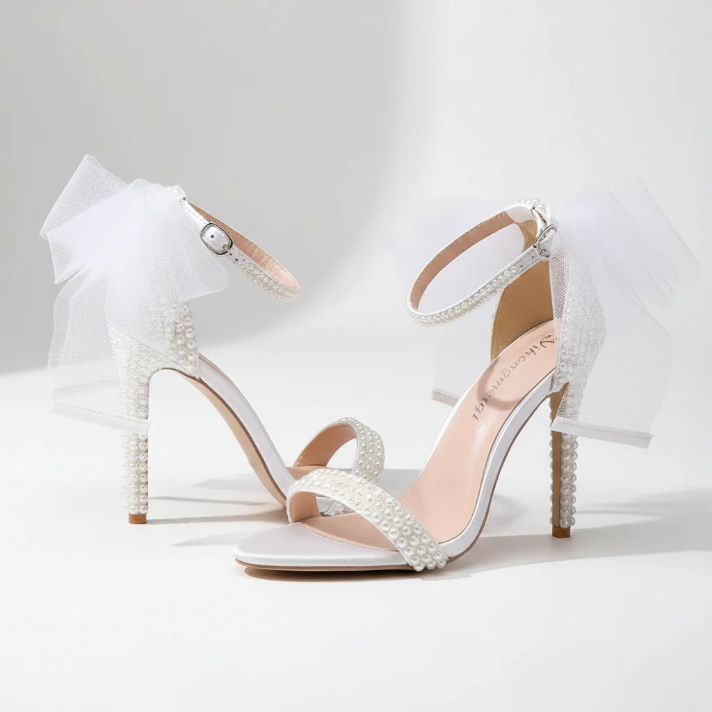 Embellished Ankle Strap Pearl Mesh Bow Heels - Image 6