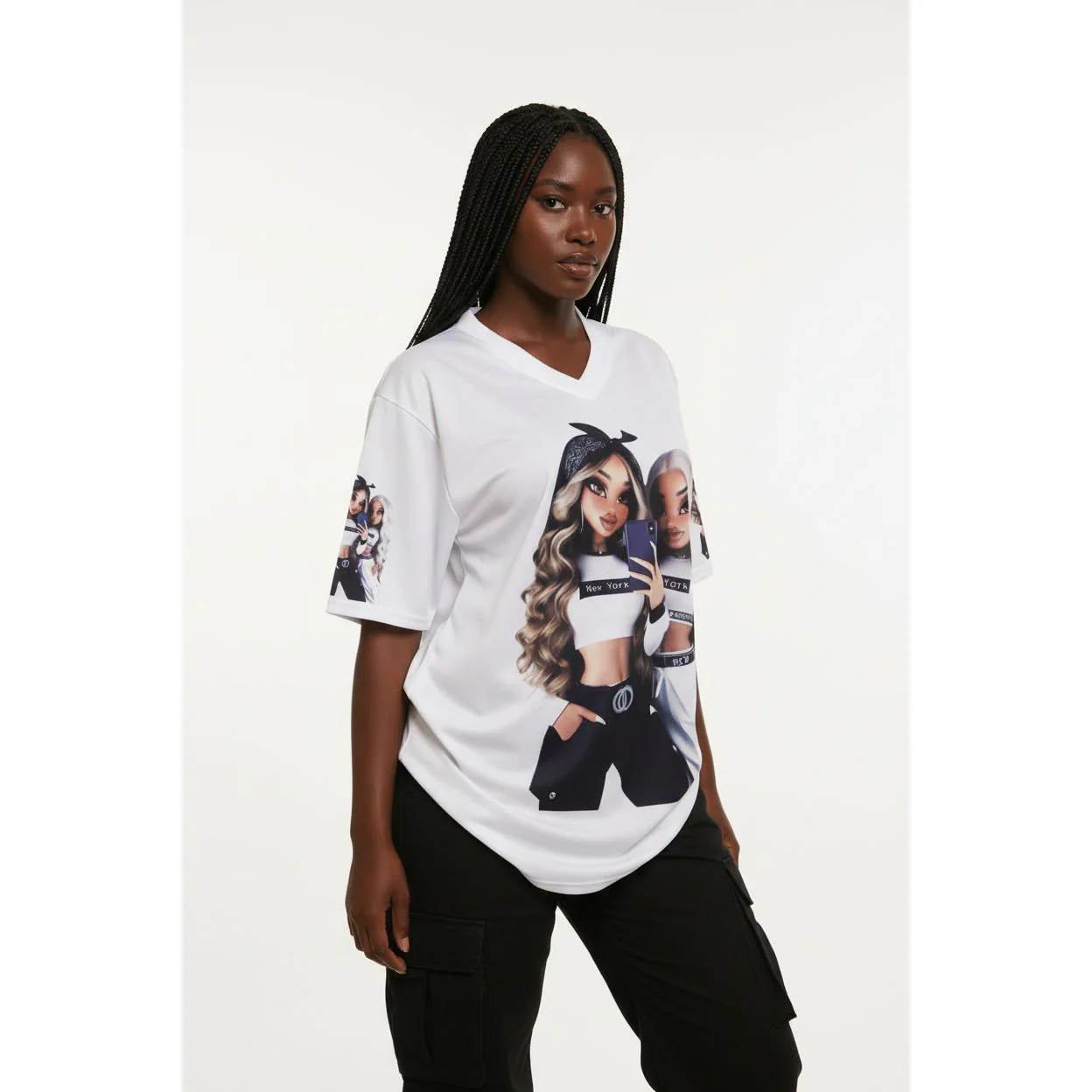 Embossed Cartoon Charactor V-Neck Short Sleeve T-Shirt