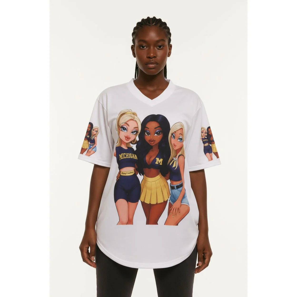 Embossed Cartoon Charactor V-Neck Short Sleeve T-Shirt - Image 3