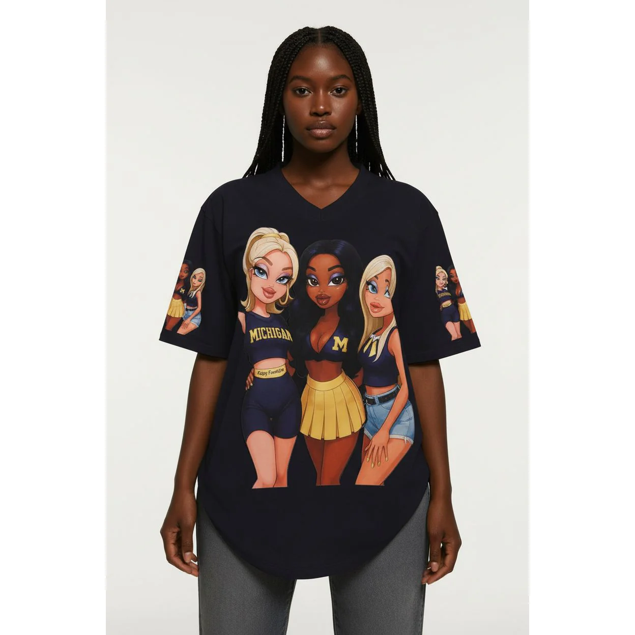 Embossed Cartoon Charactor V-Neck Short Sleeve T-Shirt - Image 4