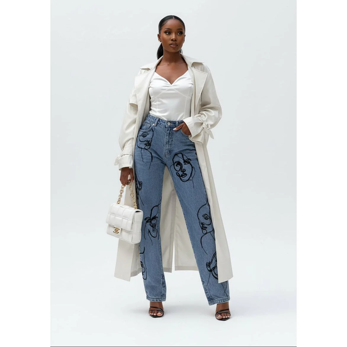 Embroidery High Waist Graphic Denim Mom Jeans - Image 2
