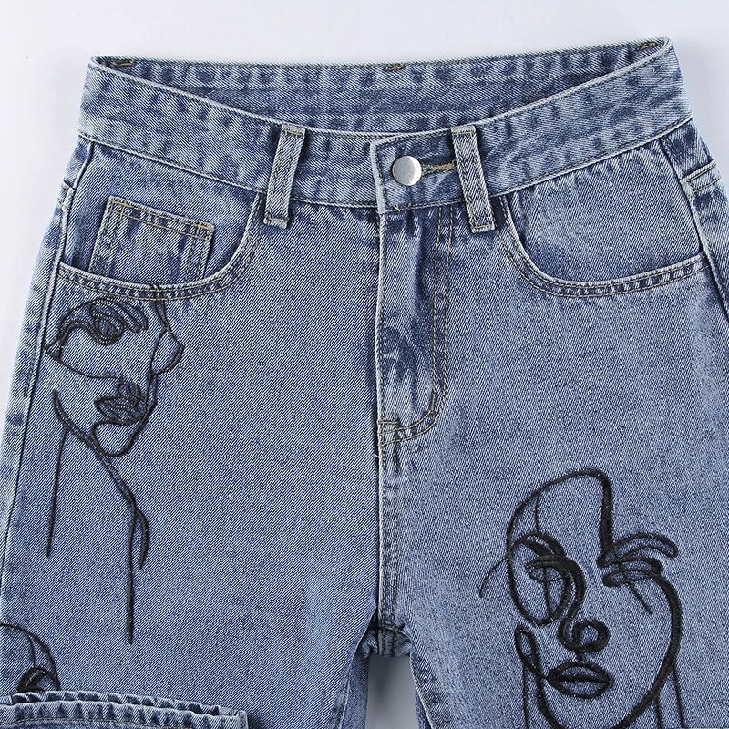 Embroidery High Waist Graphic Denim Mom Jeans - Image 3
