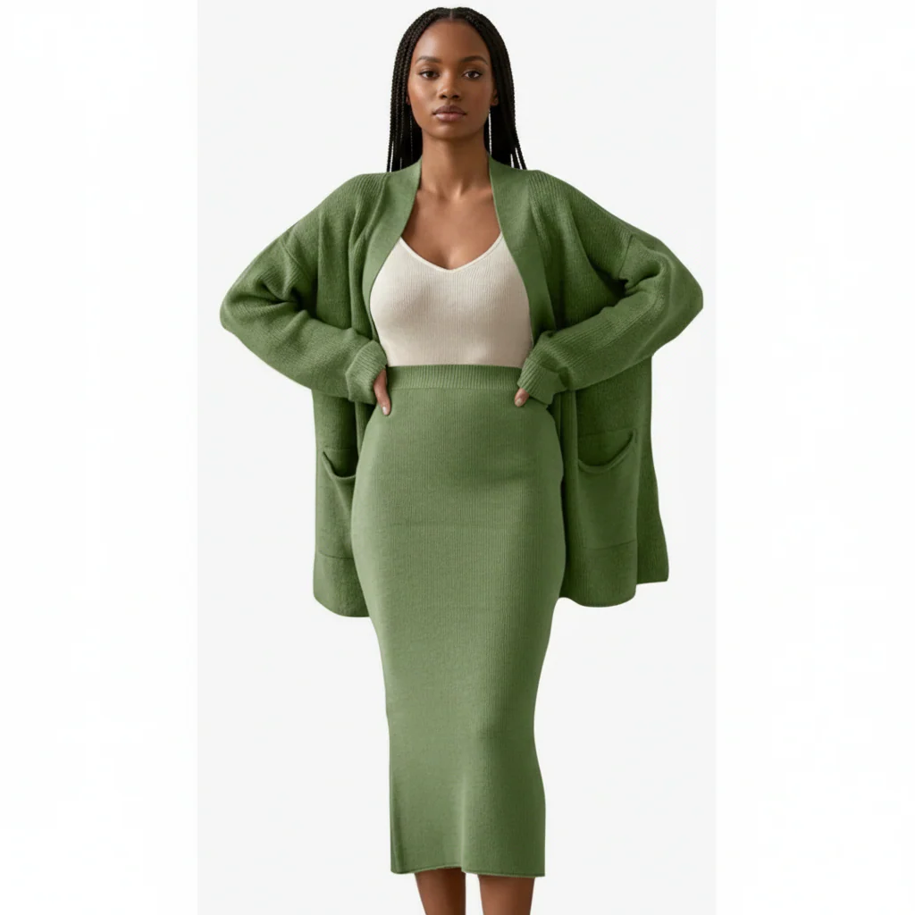 Fashion Cardigan High Waisted Pencil Skirt Knit Sweater Set - Image 3