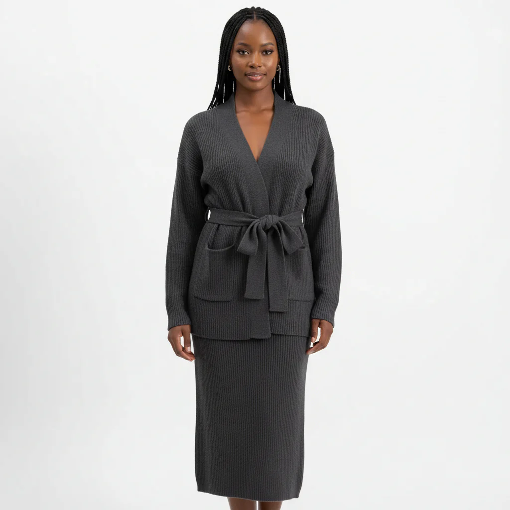 Fashion Cardigan High Waisted Pencil Skirt Knit Sweater Set - Image 4