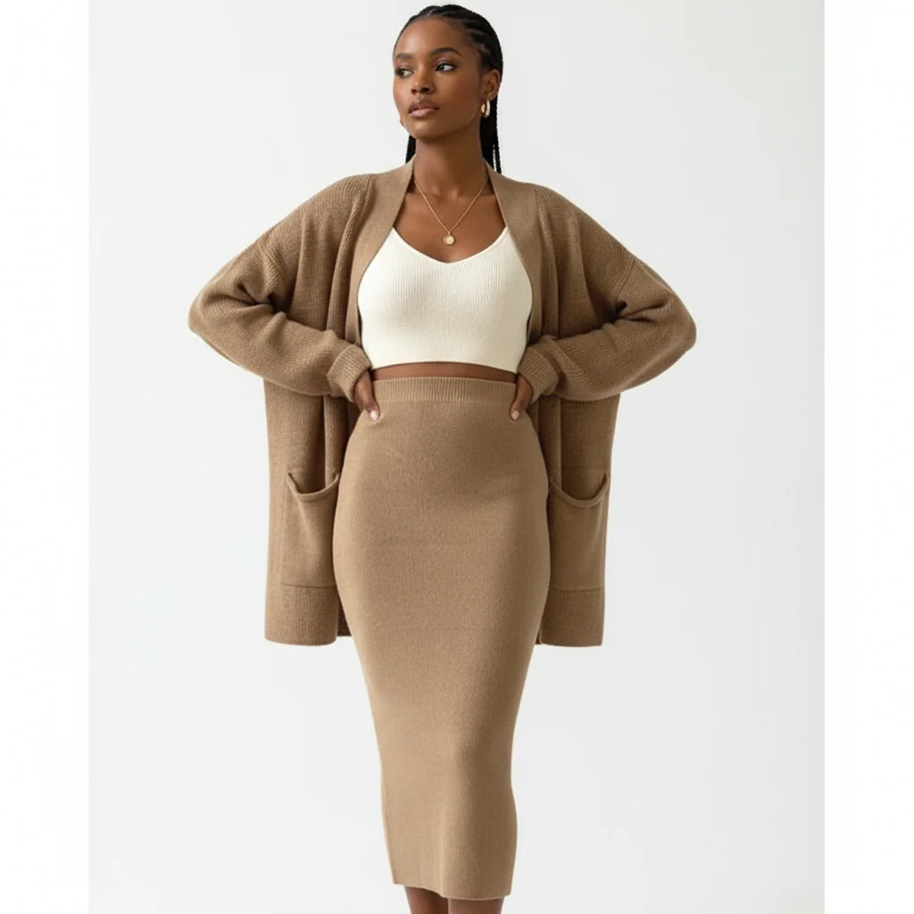 Fashion Cardigan High Waisted Pencil Skirt Knit Sweater Set - Image 5
