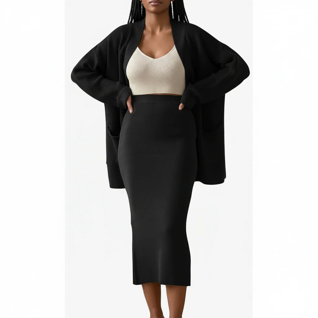 Fashion Cardigan High Waisted Pencil Skirt Knit Sweater Set - Image 6