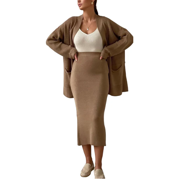 Fashion Cardigan High Waisted Pencil Skirt Knit Sweater Set - Image 8