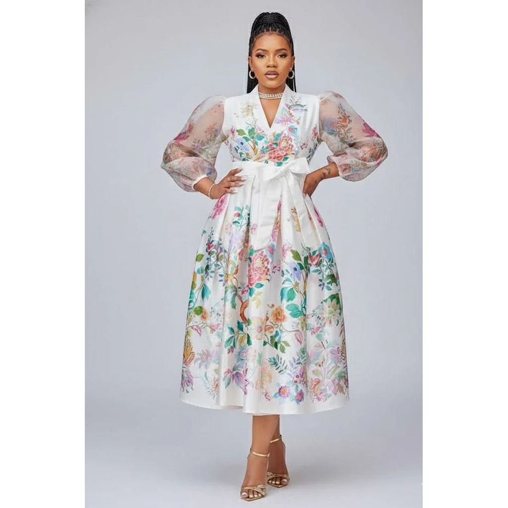 Fashion Style Floral Lace Long Sleeve Midi Dress