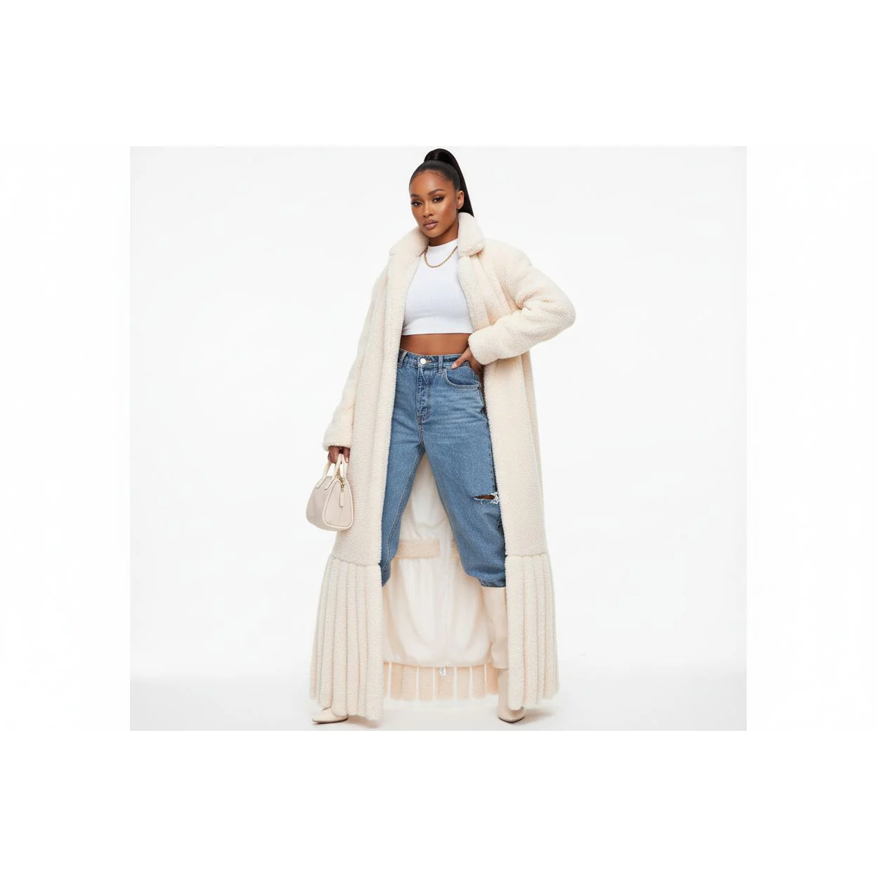 Faux Lamb Fur Tassel Long Winter Warm Overcoat - Image 2