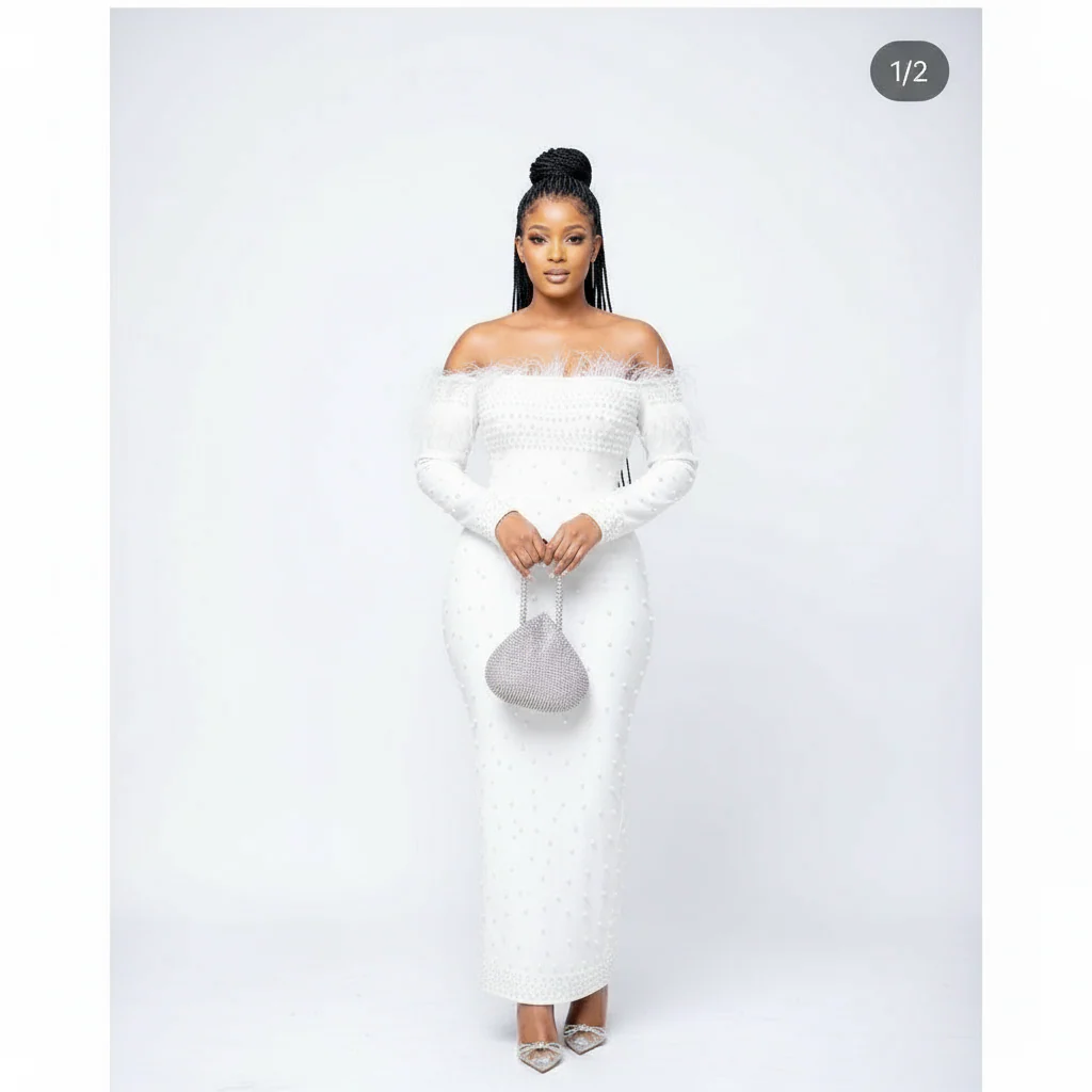 Feather Off Shoulder Beaded Detailed Dress - Image 2