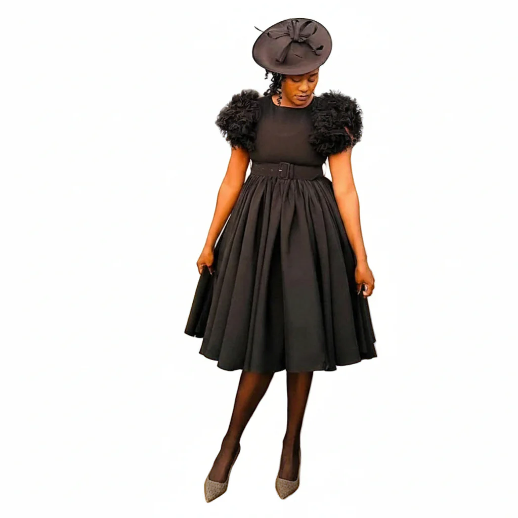 Flare Short Sleeve Round-Neck Belted Midi Dress - Image 2