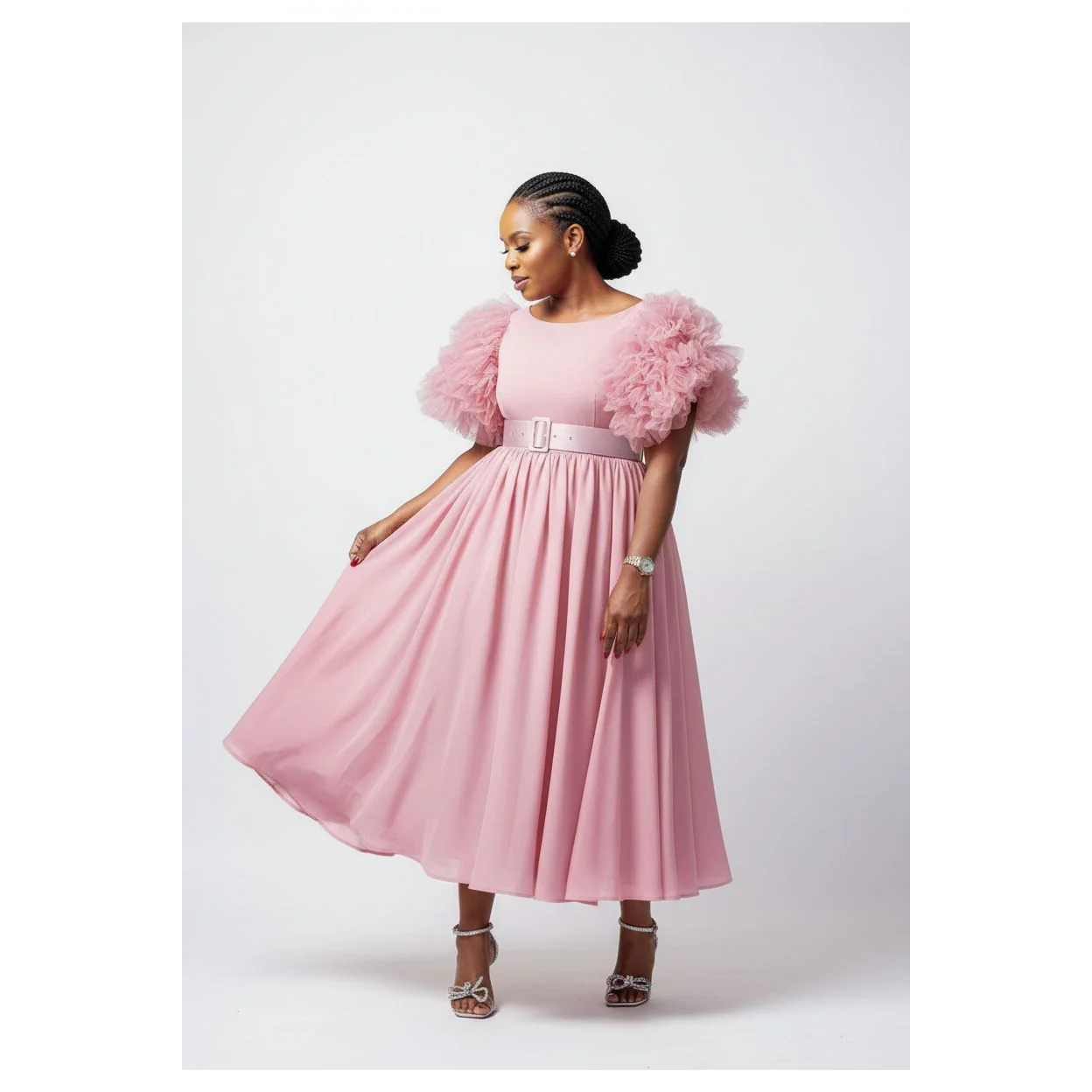 Flare Short Sleeve Round-Neck Belted Midi Dress - Image 2