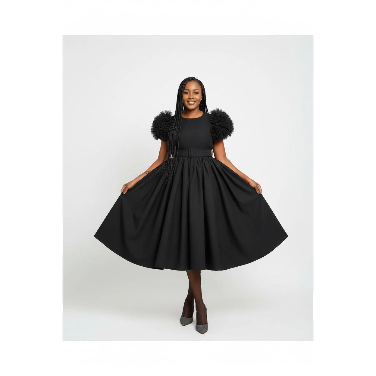 Flare Short Sleeve Round-Neck Belted Midi Dress - Image 3