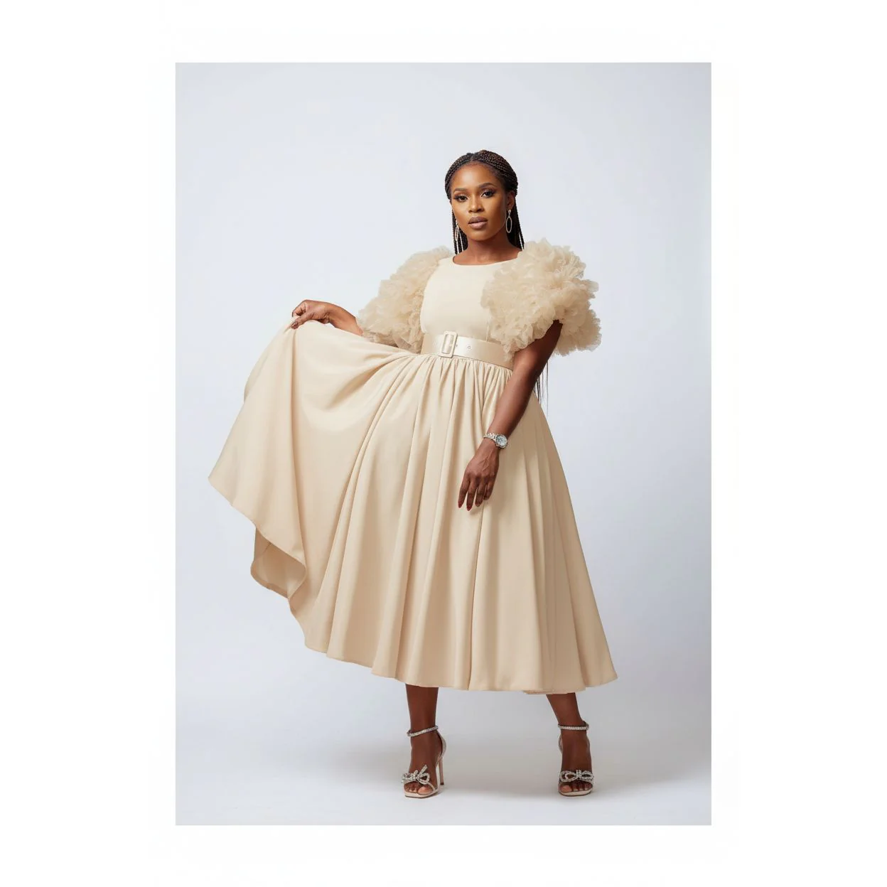 Flare Short Sleeve Round-Neck Belted Midi Dress - Image 4