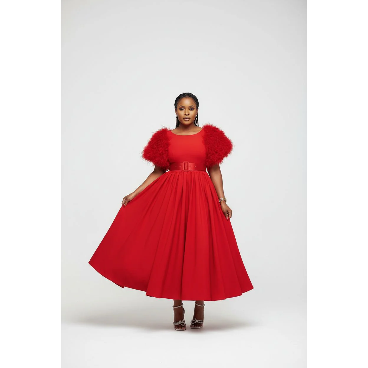 Flare Short Sleeve Round-Neck Belted Midi Dress - Image 6