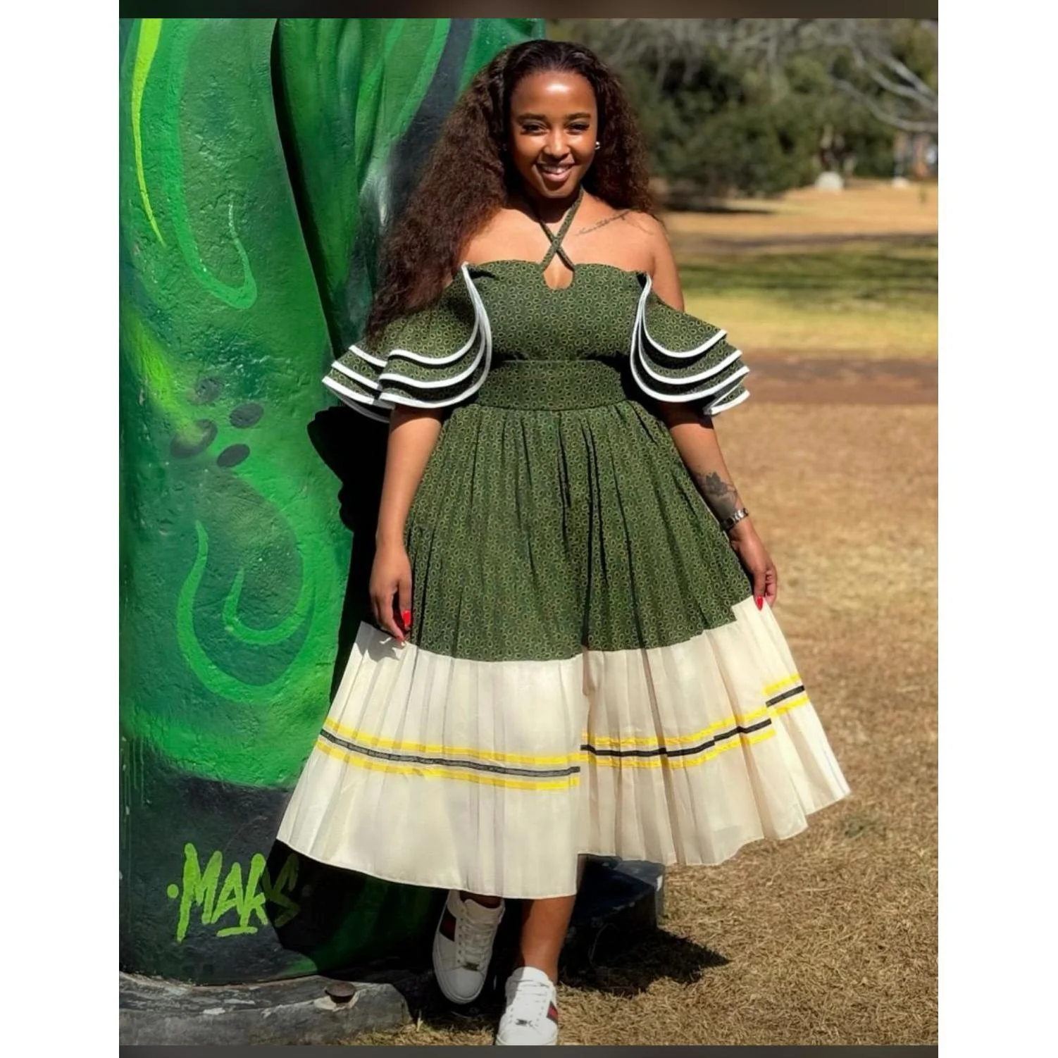 Flare Sleeves Off-Shoulder Pleated Traditional Midi Dress - Image 4
