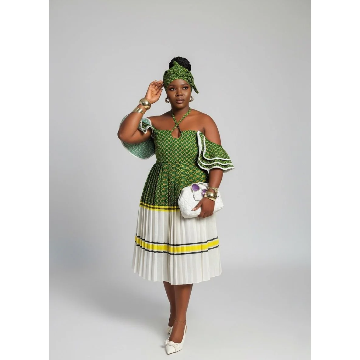 Flare Sleeves Off-Shoulder Pleated Traditional Midi Dress - Image 2