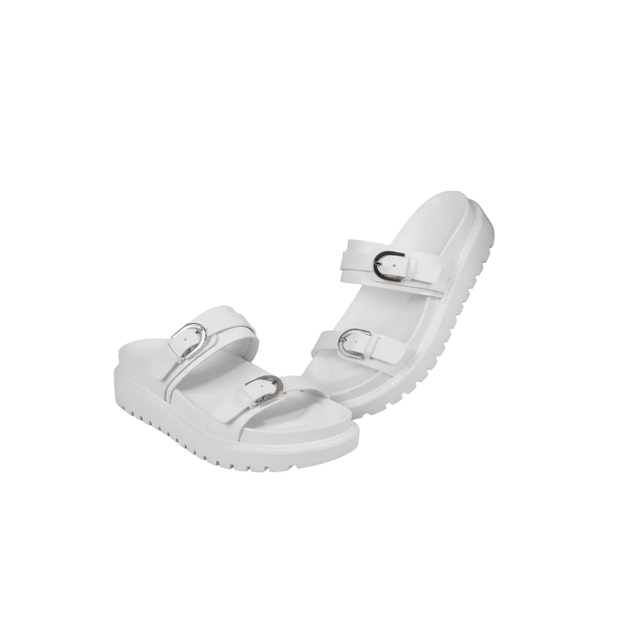 Flat Double Buckle Straps Open Toe Leather Sandals - Image 2