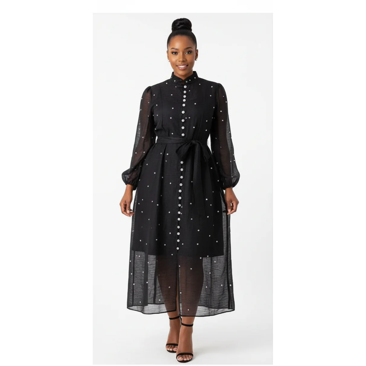 Floral Diamond Long Lantern Sleeve Single Evening Dress