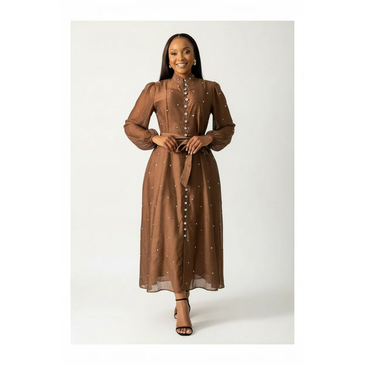 Floral Diamond Long Lantern Sleeve Single Evening Dress - Image 2