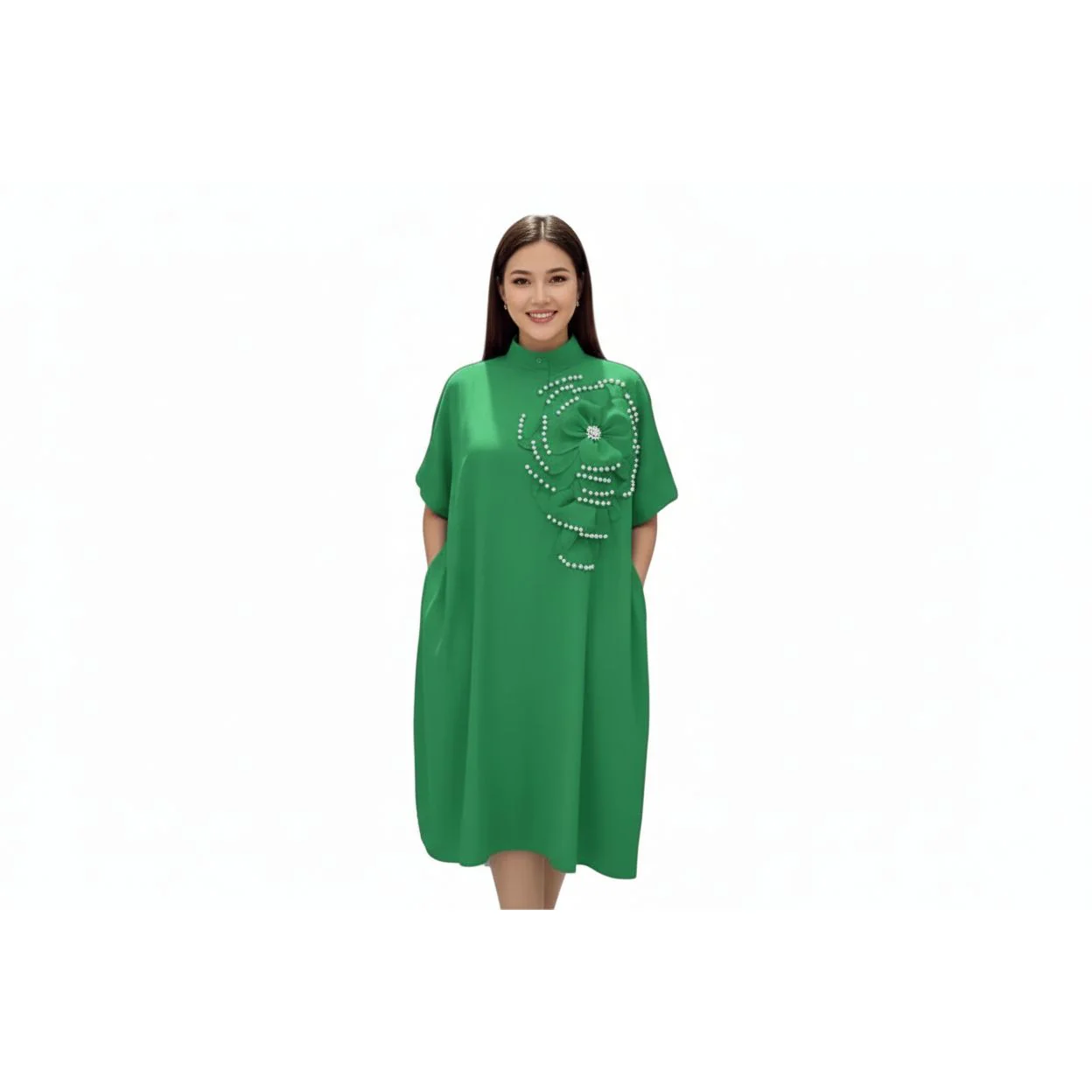 Floral Embroided Pearl Design  Decor Midi Dress