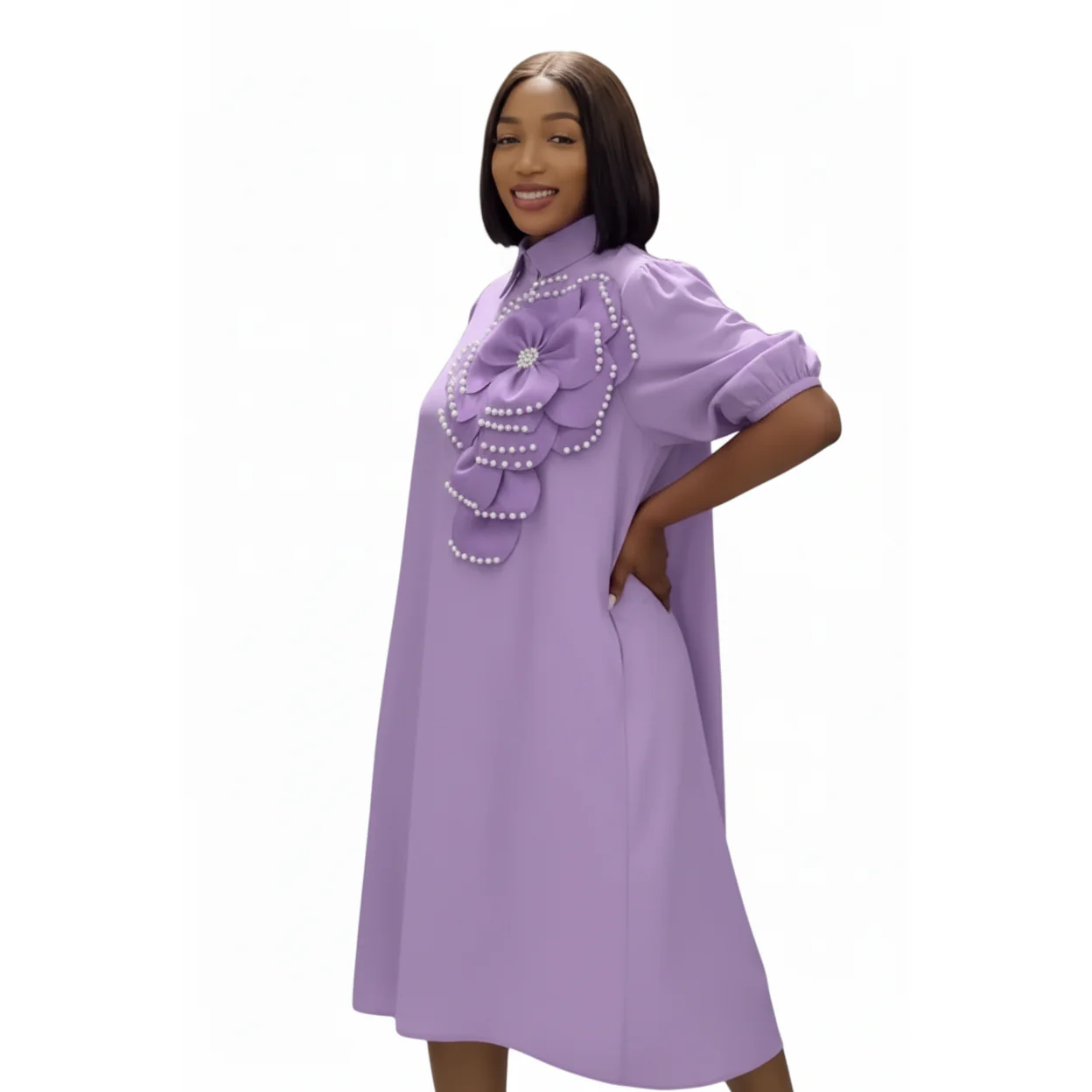 Floral Embroided Pearl Design  Decor Midi Dress - Image 3