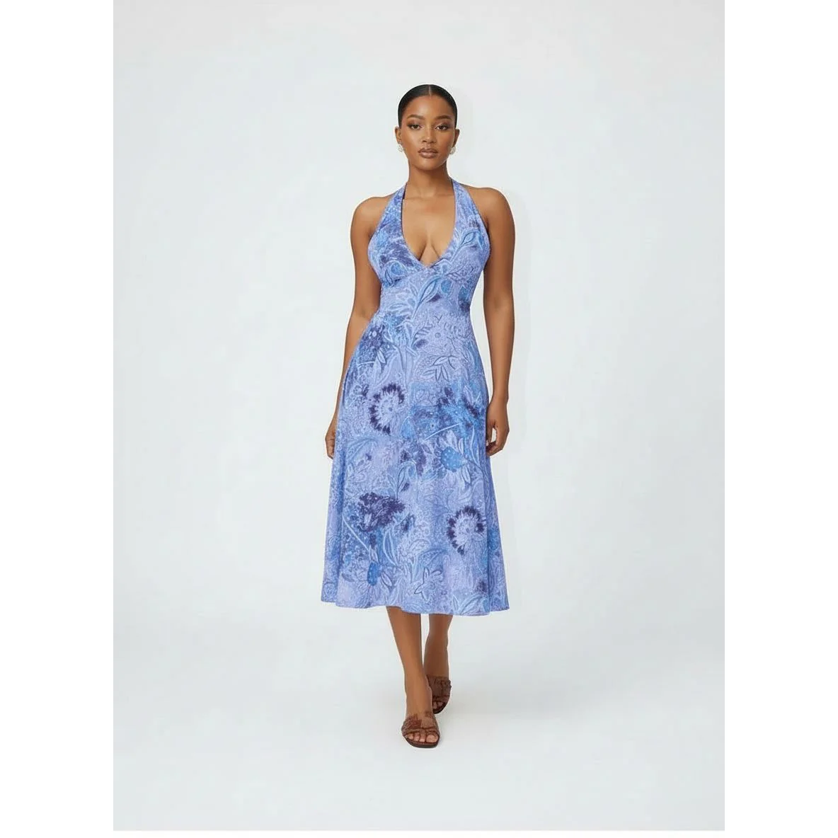 Floral Halter V-Neck Midi Dress - Image 3