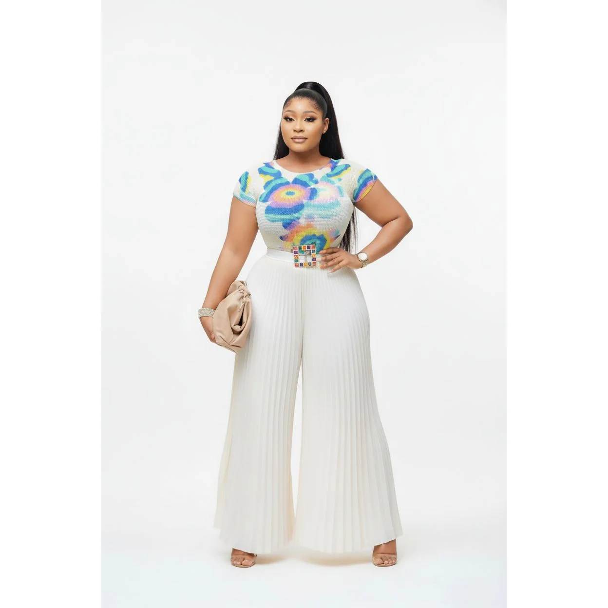 Floral Mesh Top and Pleated Pant Set.