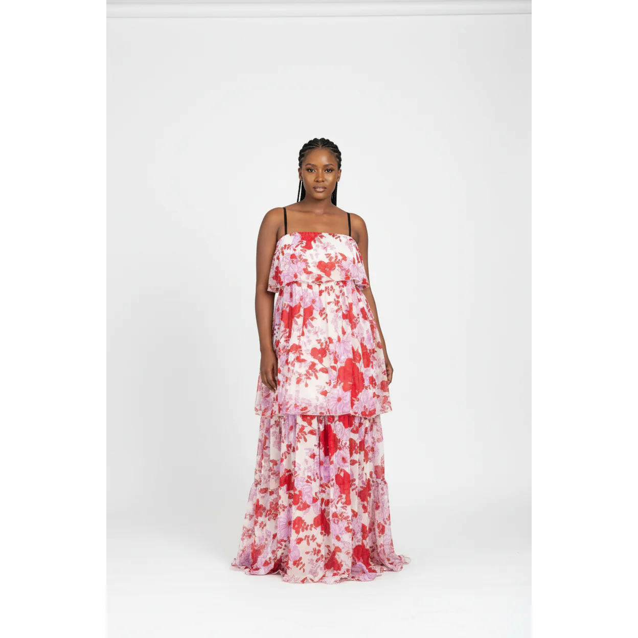 Floral Off-shoulder Pleated Maxi Dress.