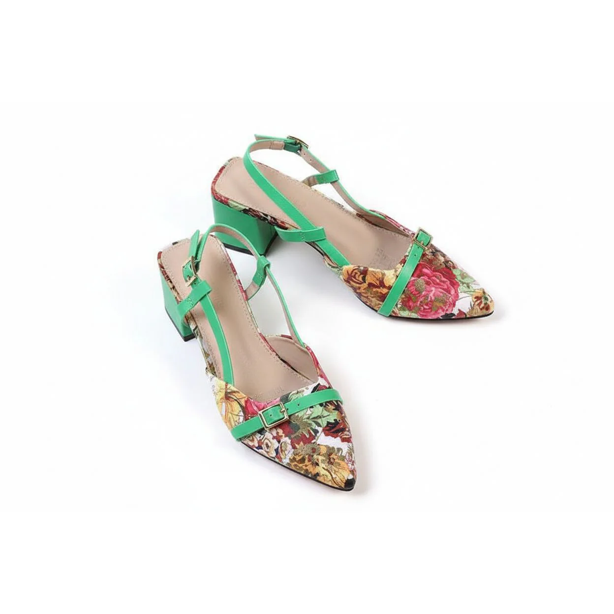 Pointed Floral Pattern Chunky High Heels