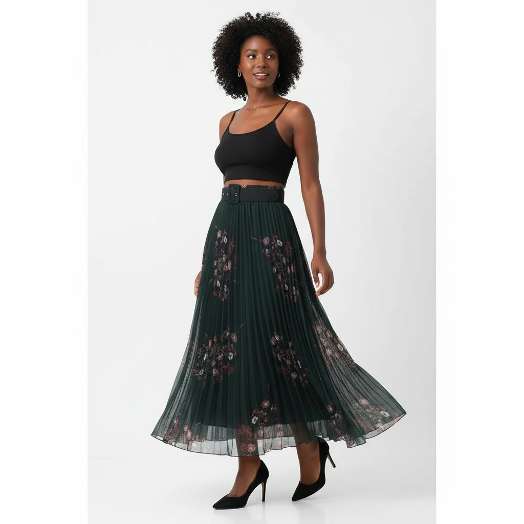 Floral Pleated Long Skirt - Image 3