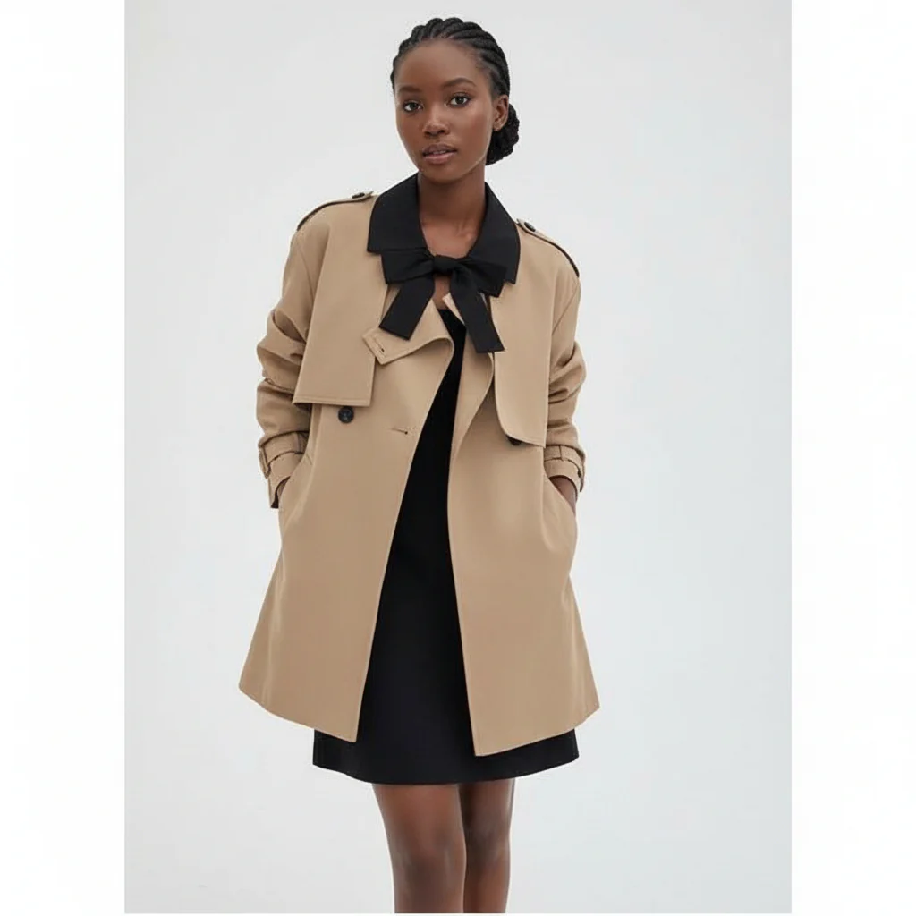 Trench Coat Long Sleeve Lapel Buttons Midi Trench Coat - Image 2
