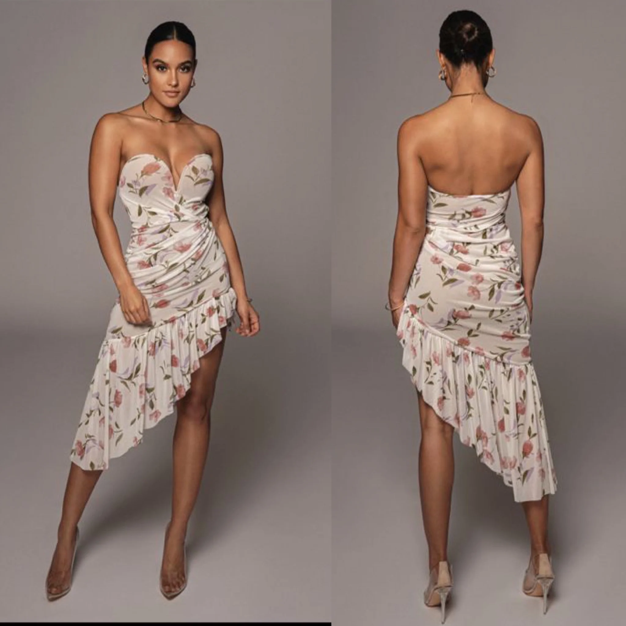 Floral Printed Sexy Strapless Midi Dress - Image 3