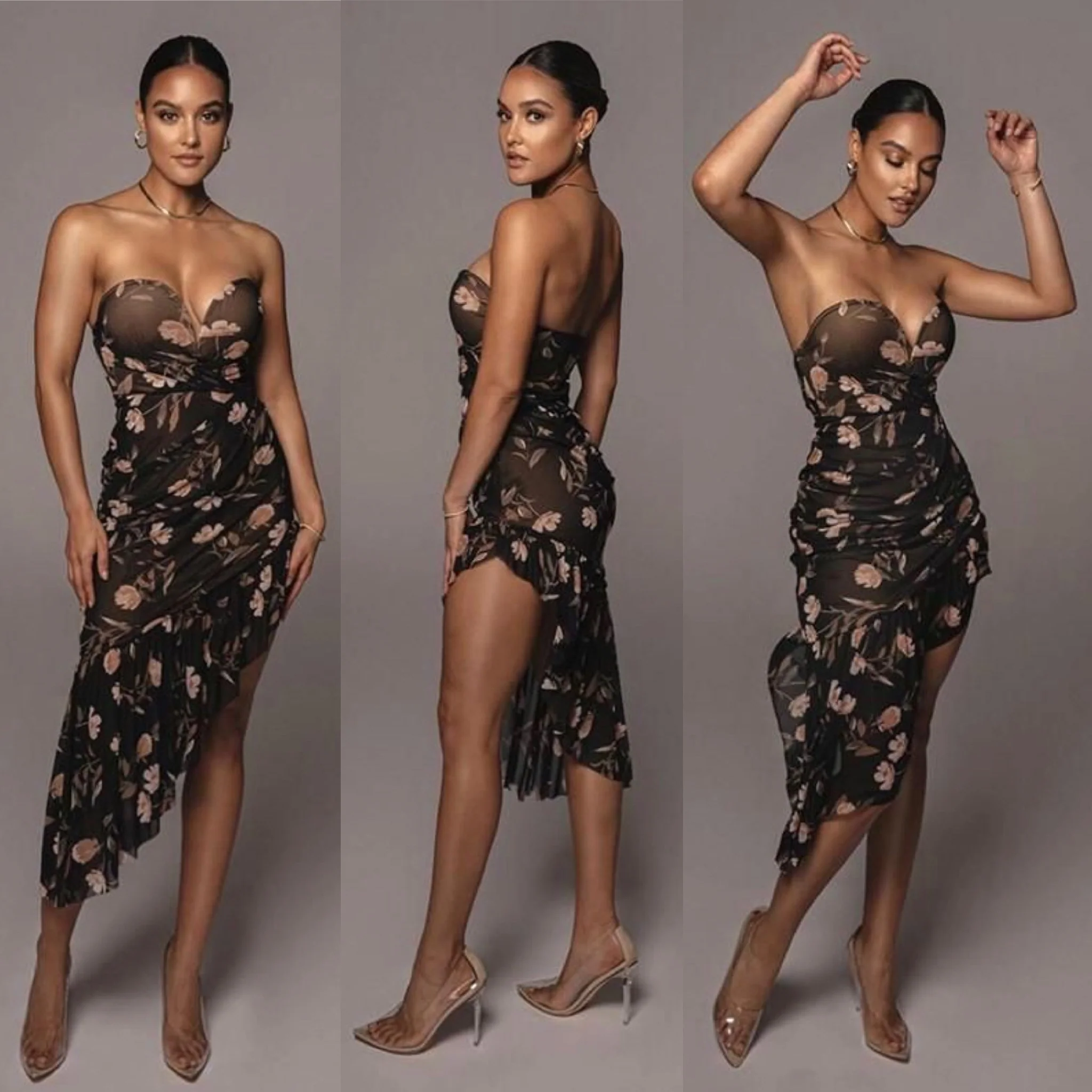 Floral Printed Sexy Strapless Midi Dress - Image 4