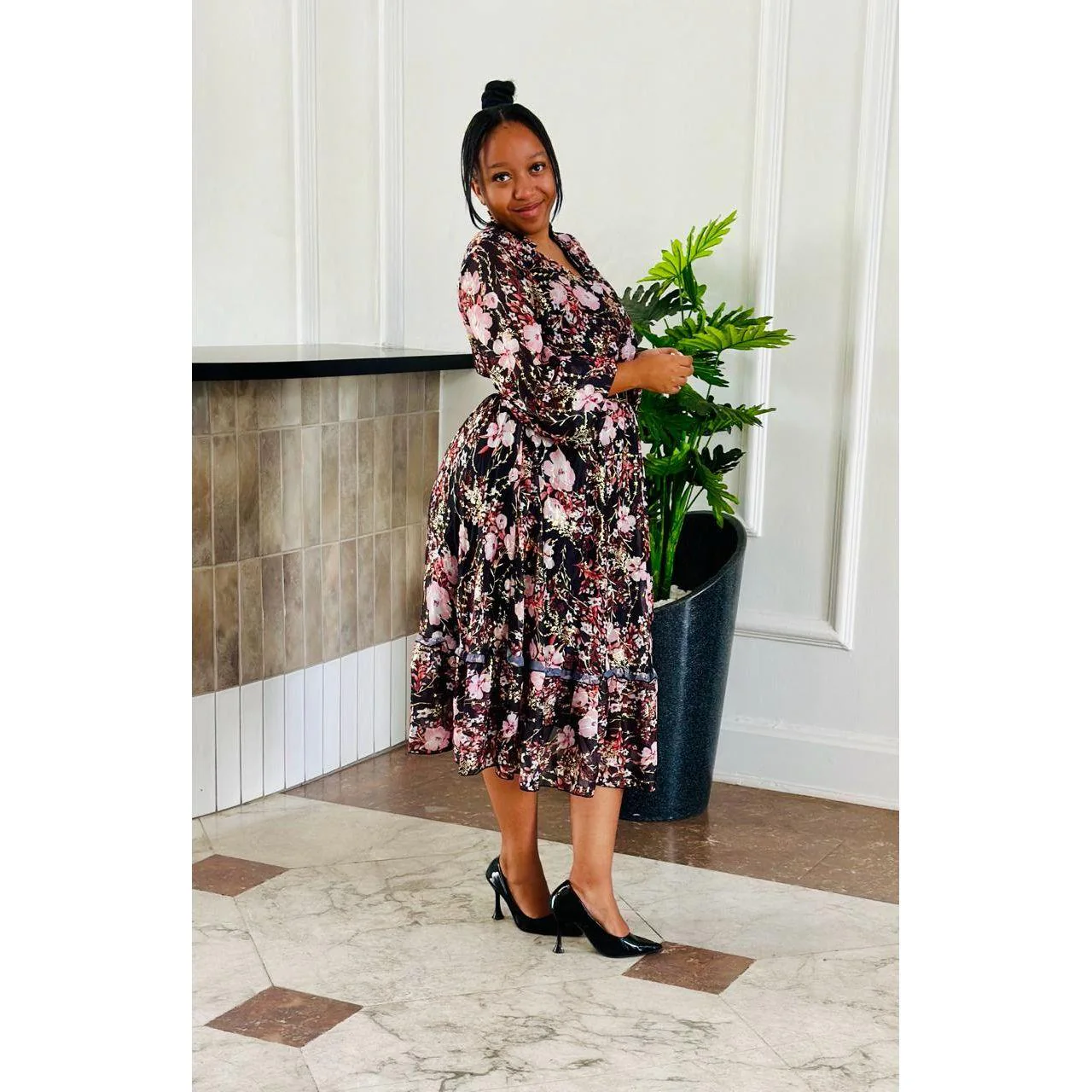 Floral V-Neck Midi Dress - Image 6
