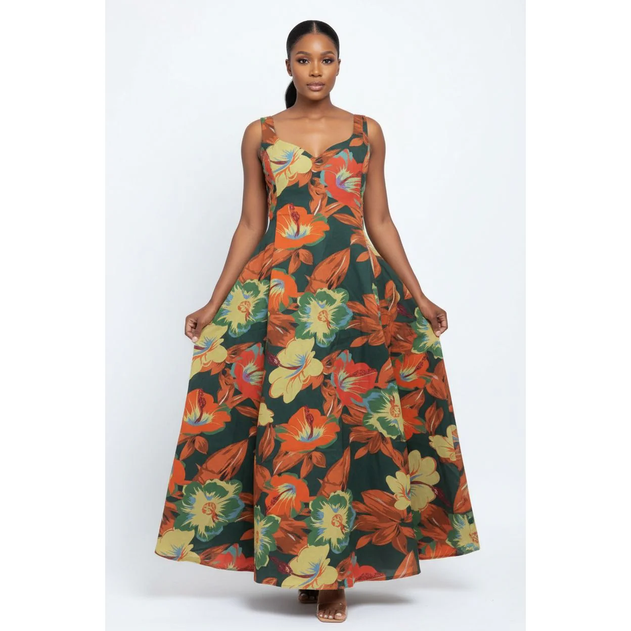 Flower Print Heart Neckline Sleeveless Dress - Image 2