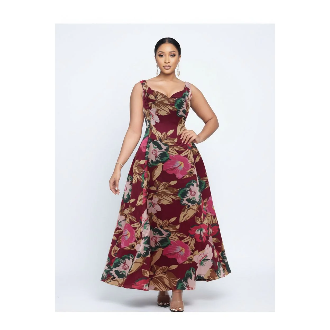 Flower Print Heart Neckline Sleeveless Dress - Image 3