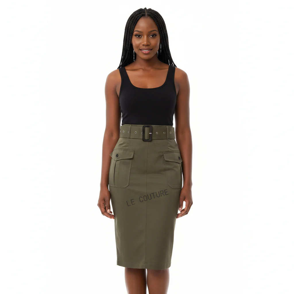 Formal Belted Utility Pencil Midi Skirt - Image 2