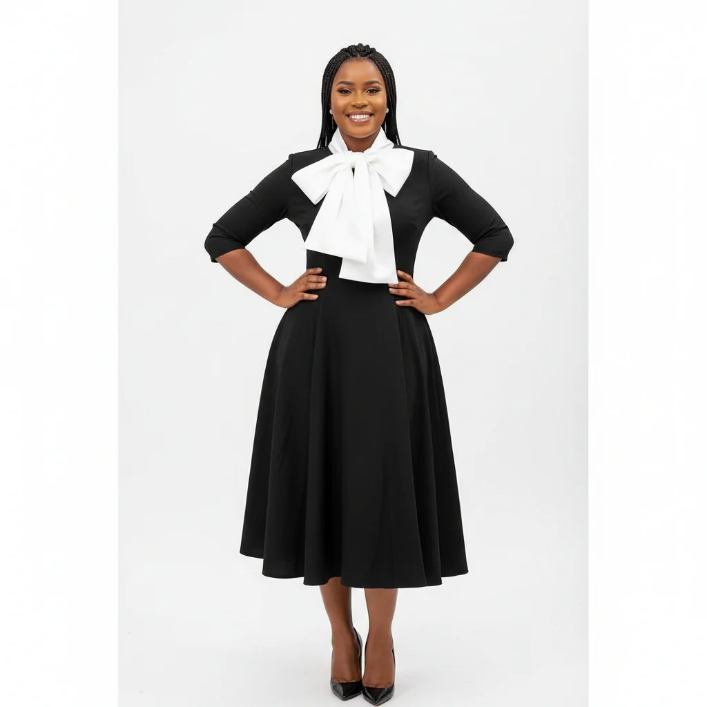 Formal Contrast Decor Collar A-line Dress - Image 3