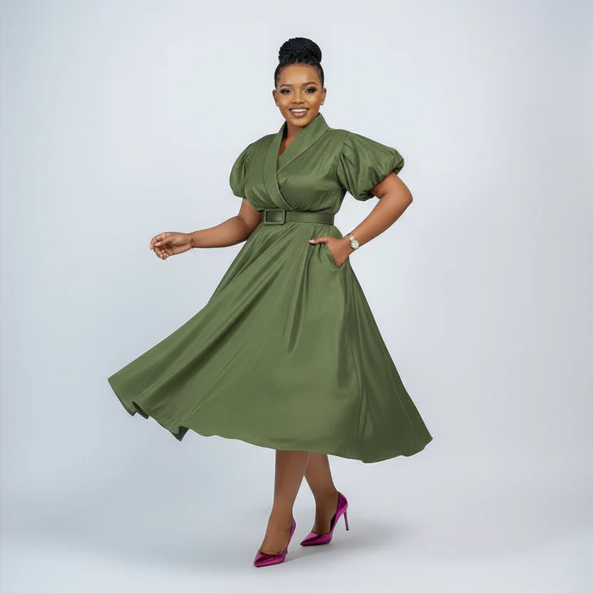 Formal Elegant Overlap Collar A-line Midi Dress.