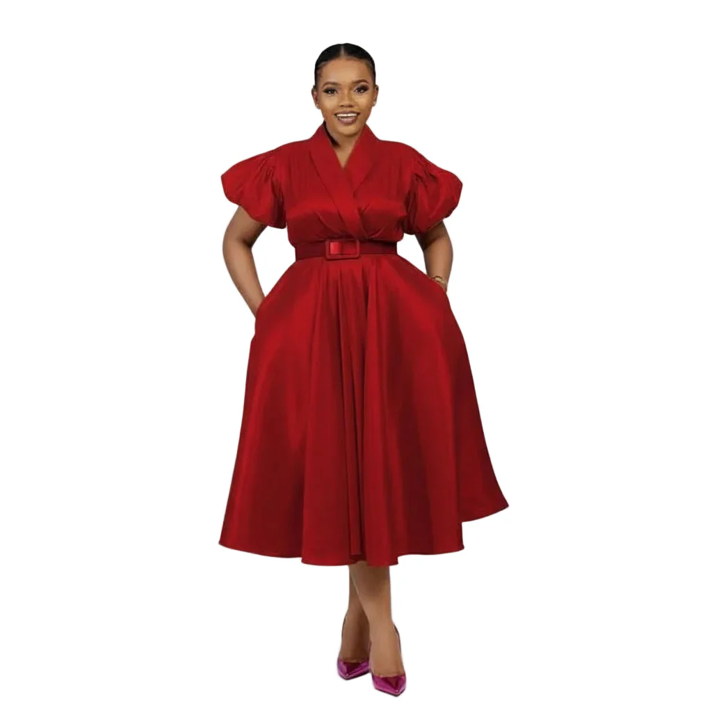 Formal Elegant Overlap Collar A-line Midi Dress. - Image 2