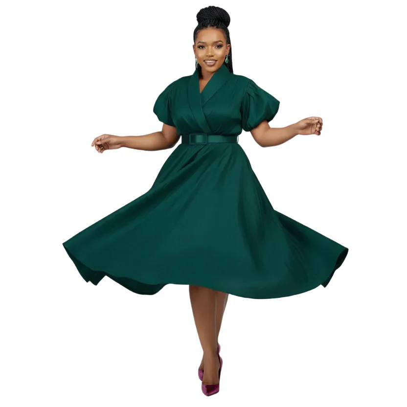 Formal Elegant Overlap Collar A-line Midi Dress. - Image 3