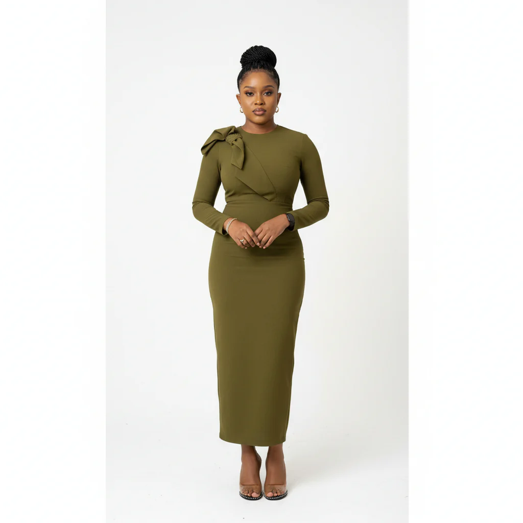 Formal Knitted Shoulder Bowknot Design Long Sleeve Maxi Dress