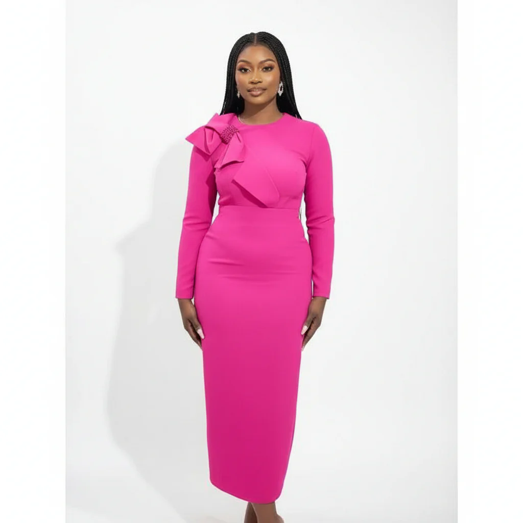 Formal Knitted Shoulder Bowknot Design Long Sleeve Maxi Dress - Image 2