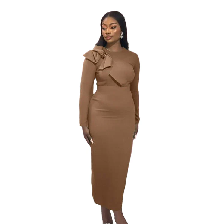Formal Knitted Shoulder Bowknot Design Long Sleeve Maxi Dress - Image 4