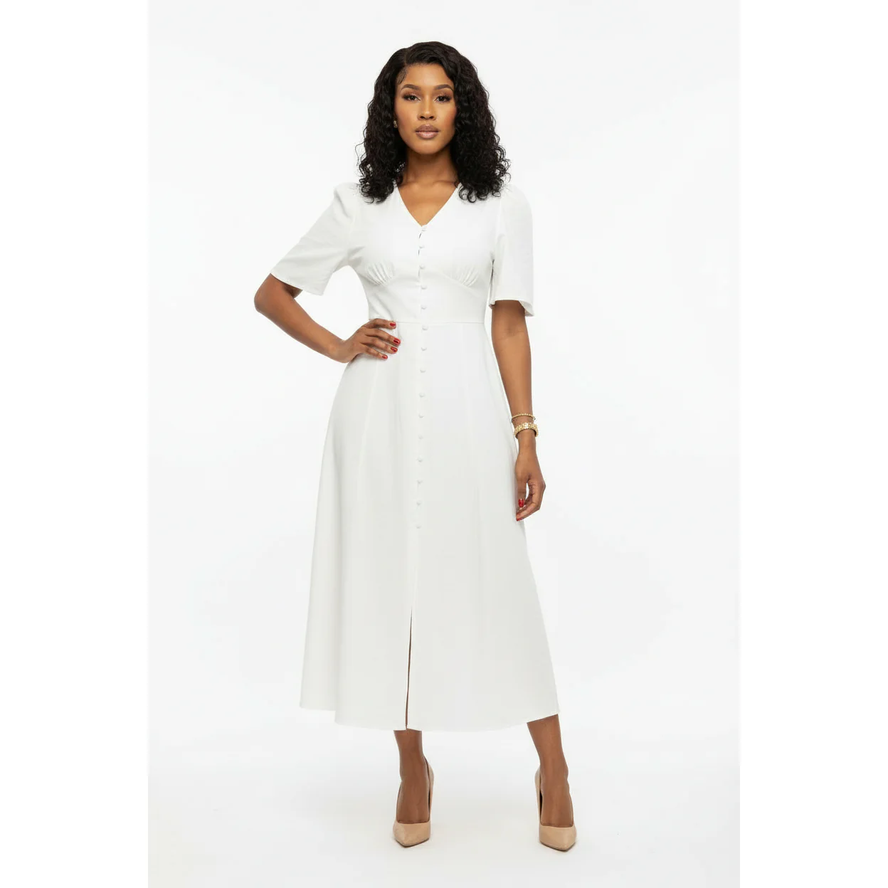 Short Sleeve Front Slit Midi Dress - Image 2