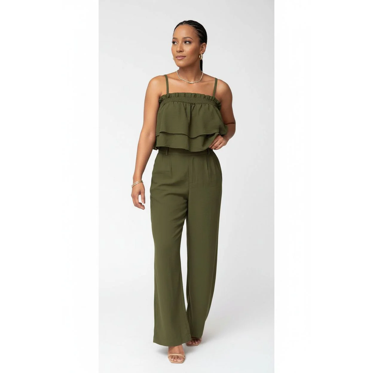 Frill Trim Cami and Wide Leg Pants Set