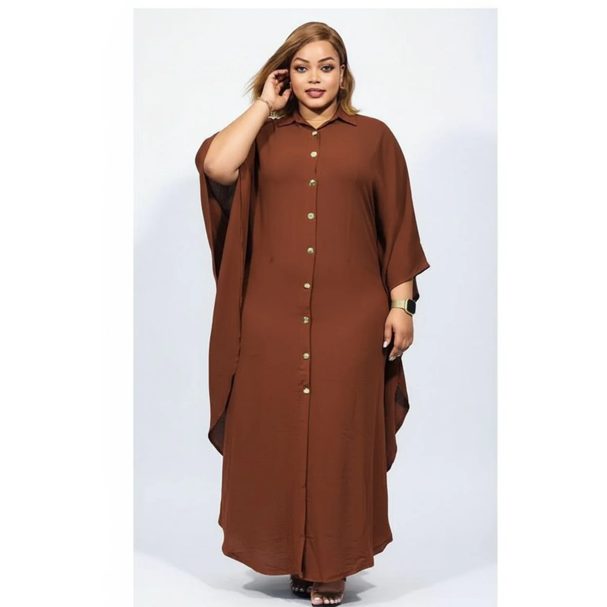 Front Button Casual Solid Color Maxi Sundress - Image 2