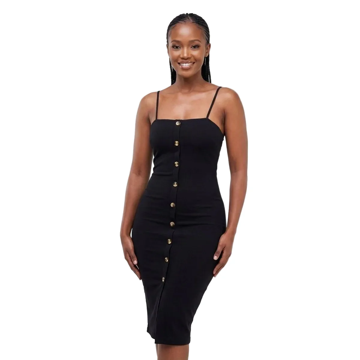 Front Button Slit Rib Cami Midi Dress