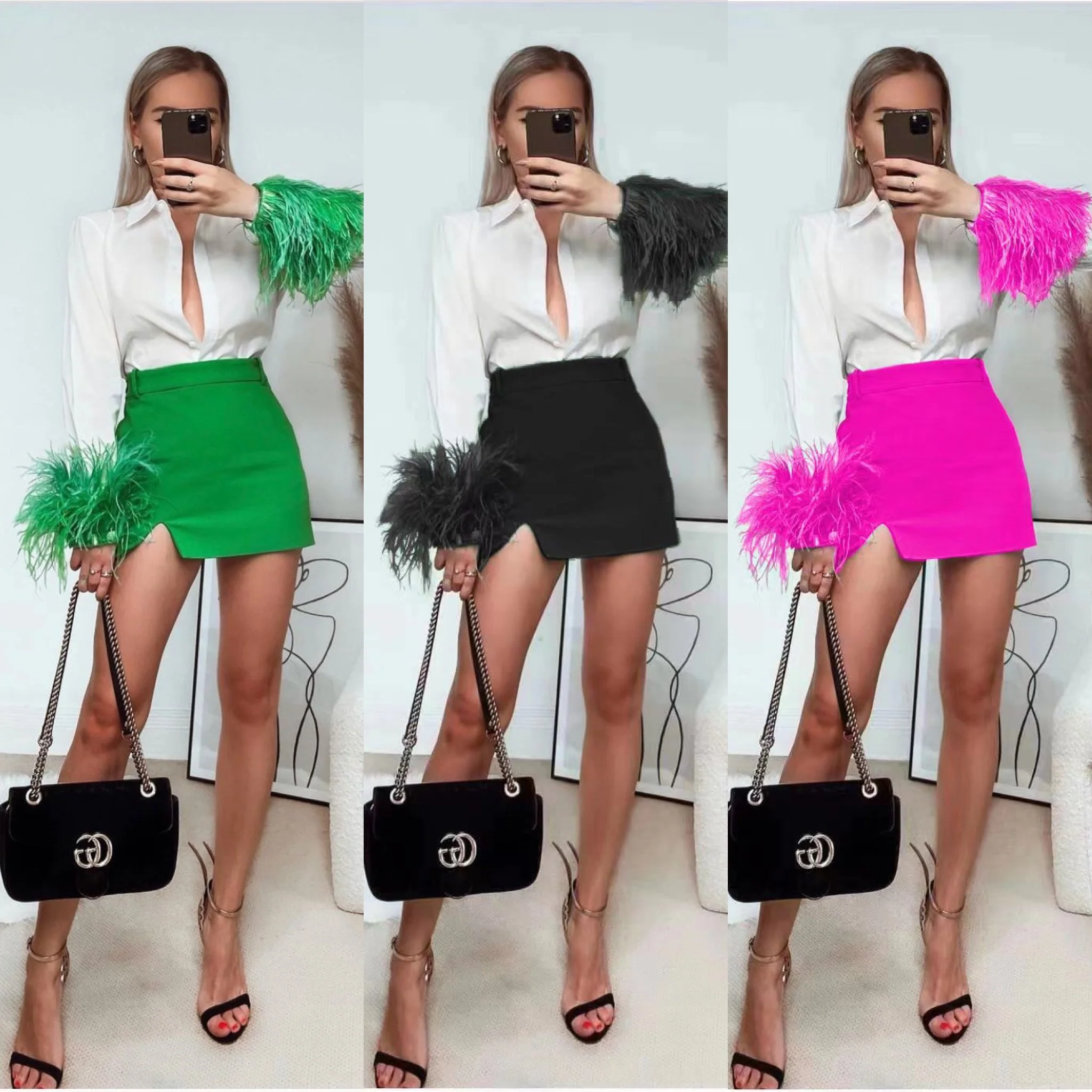 Feathers on the Cuffs Shirt and Mini Skirt Set - Image 2